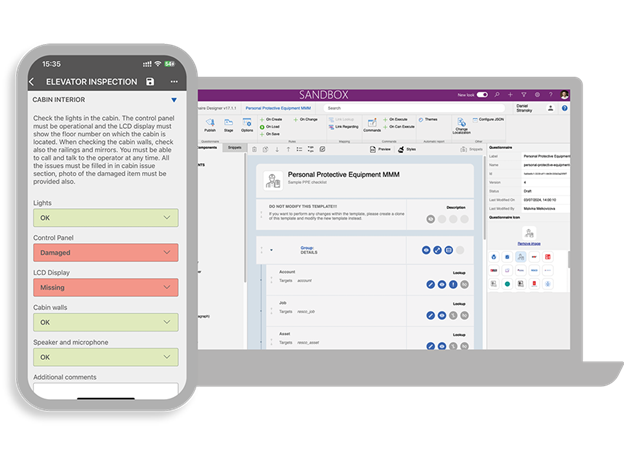 Printscreen from building a no-code form for inspecting elevators with a mobile device