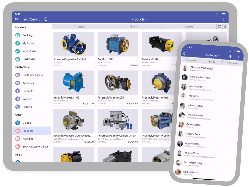 Resco Field Service+ app showcasing Offline HTML and Contact on various devices