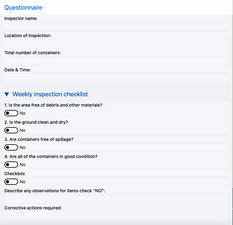 Screenshot of a empty Hazardous Waste Storage Area Inspection Checklist.
