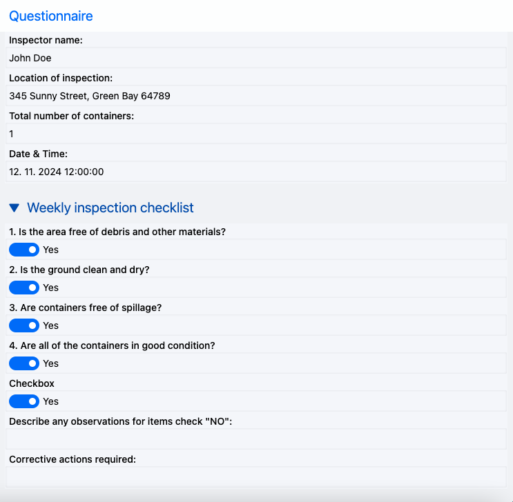 Screenshot of a completed Hazardous Waste Storage Area Inspection Checklist